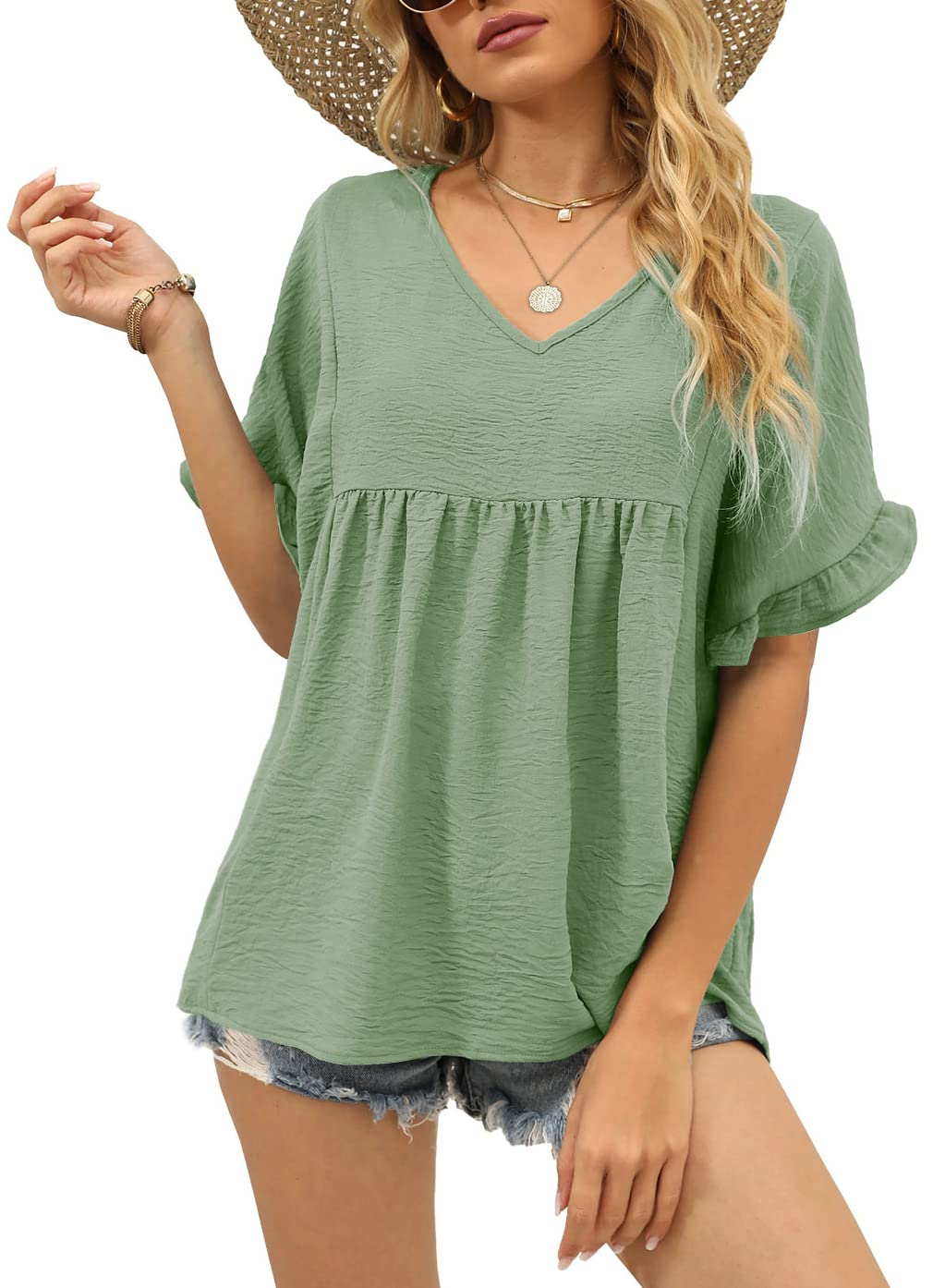 ✨Womens Tops Casual V Neck Ruffle Sleeve T Shirts Babydoll Loose Fit Peplum Tops