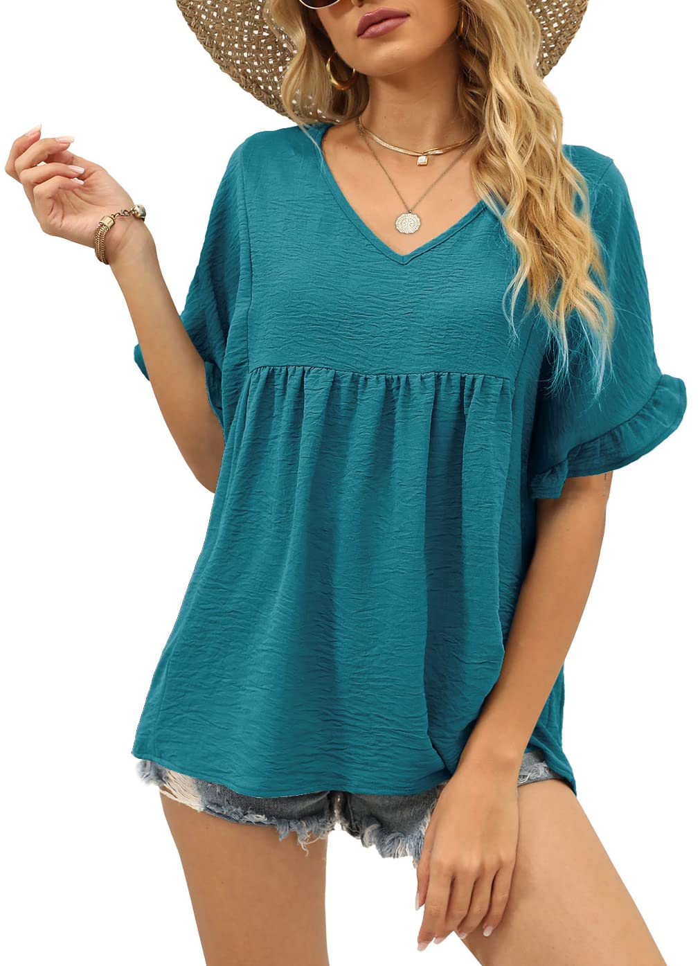 ✨Womens Tops Casual V Neck Ruffle Sleeve T Shirts Babydoll Loose Fit Peplum Tops