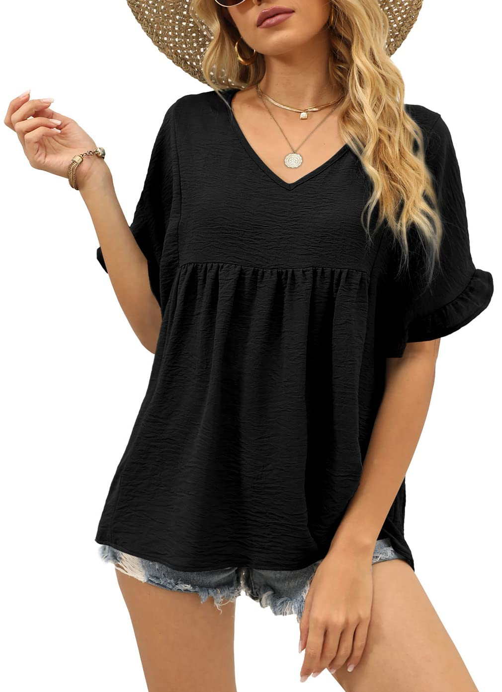 ✨Womens Tops Casual V Neck Ruffle Sleeve T Shirts Babydoll Loose Fit Peplum Tops