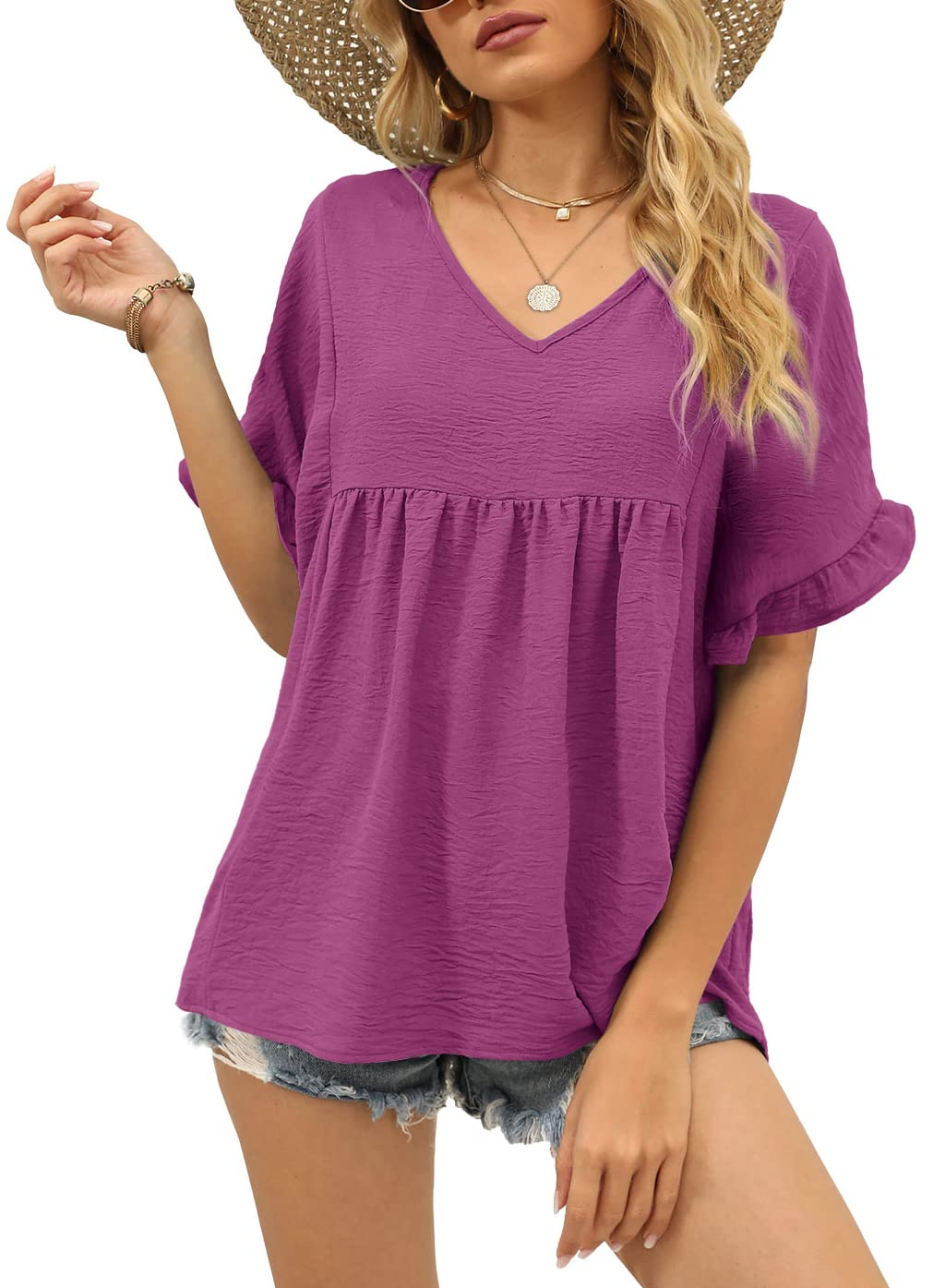 ✨Womens Tops Casual V Neck Ruffle Sleeve T Shirts Babydoll Loose Fit Peplum Tops