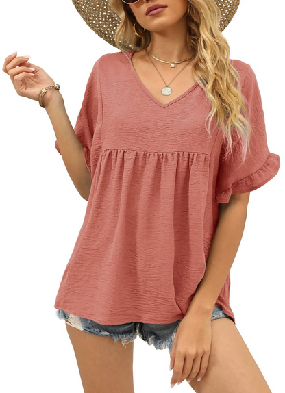 ✨Womens Tops Casual V Neck Ruffle Sleeve T Shirts Babydoll Loose Fit Peplum Tops