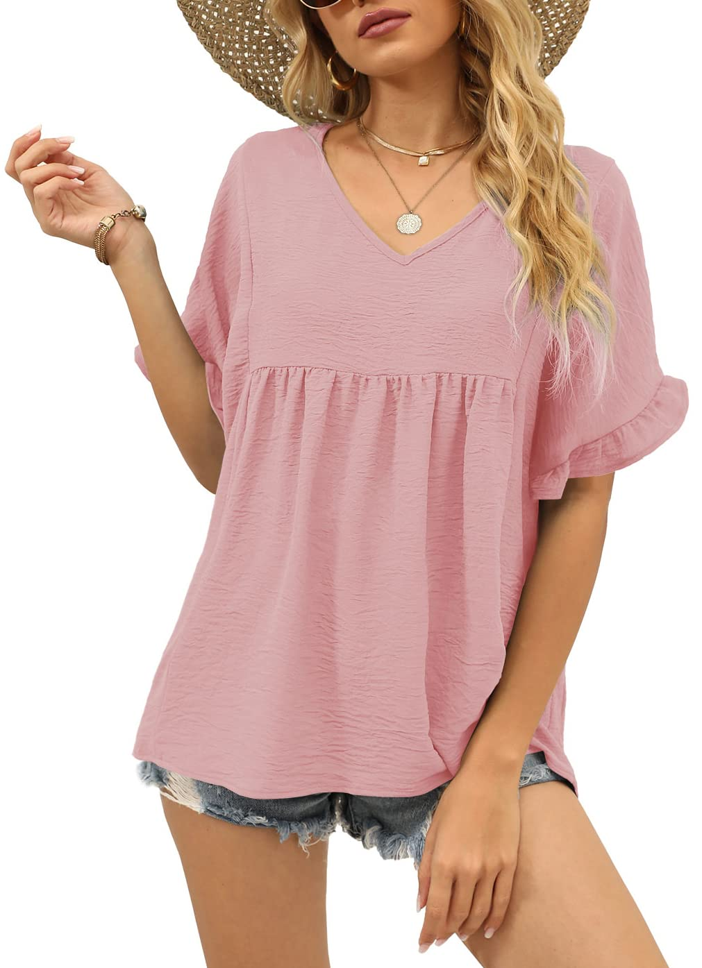 ✨Womens Tops Casual V Neck Ruffle Sleeve T Shirts Babydoll Loose Fit Peplum Tops