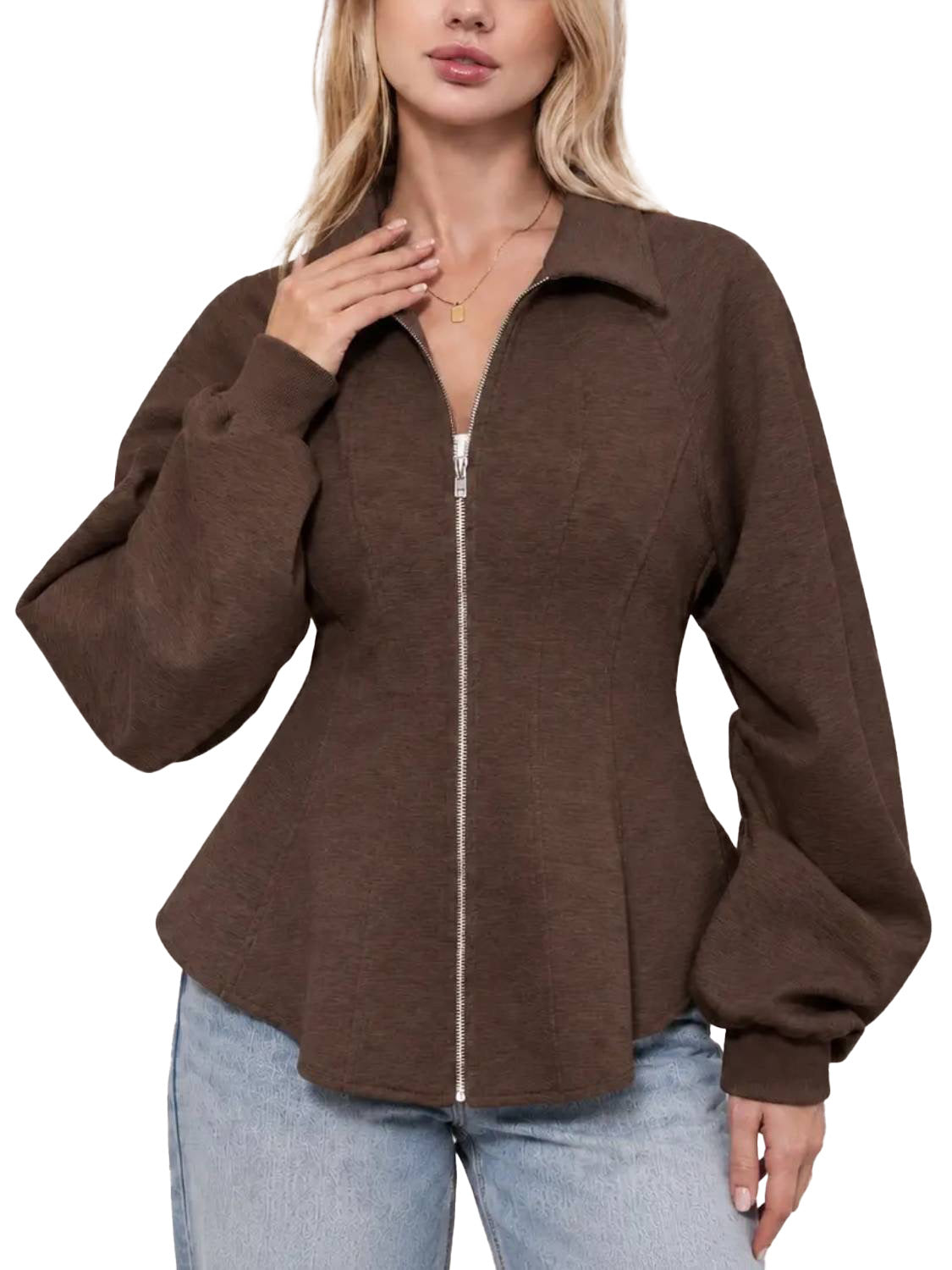 Women's Zip Up Ruched Sleeve Peplum Hem Jacket