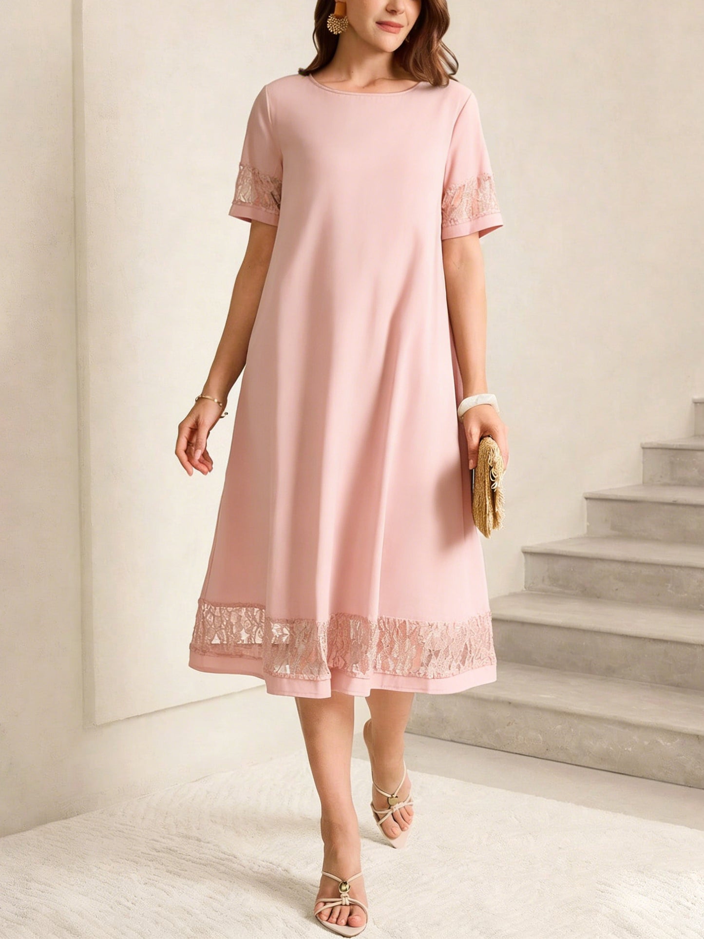 Lace Trim Midi Cotton Dress