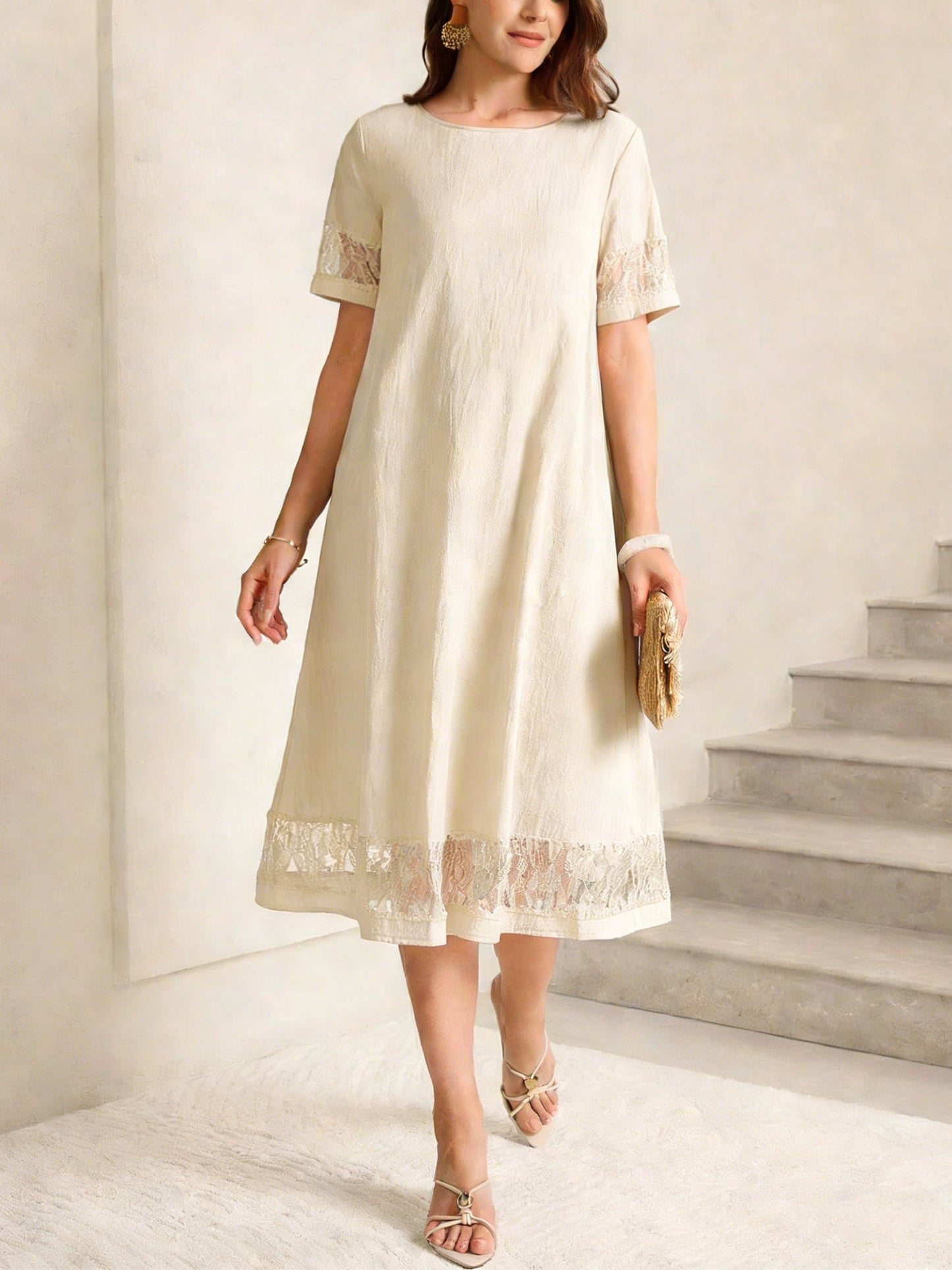 Lace Trim Midi Cotton Dress