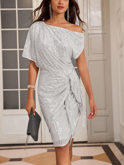 ✨Women's Sequin Sparkly Glitter One Shoulder Ruched Bodycon Dress(Last day 50% OFF!!!)