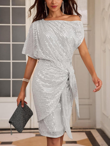 ✨Women's Sequin Sparkly Glitter One Shoulder Ruched Bodycon Dress(Last day 50% OFF!!!)