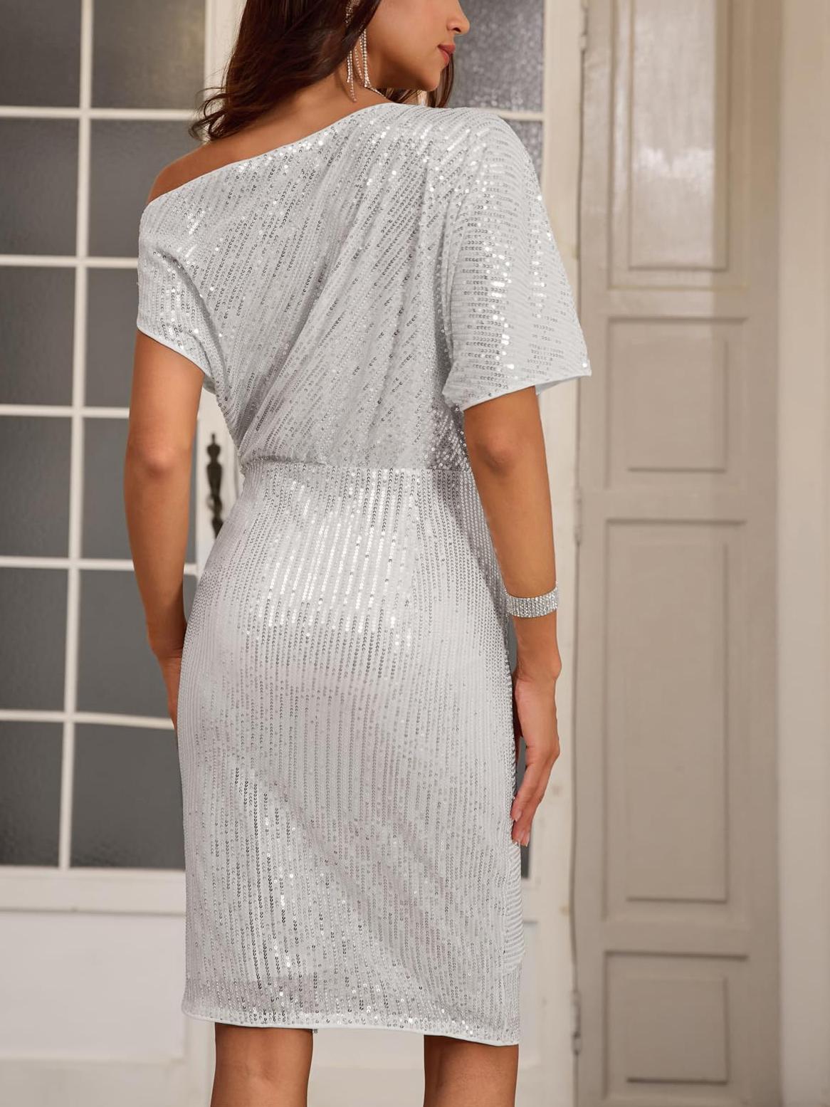 ✨Women's Sequin Sparkly Glitter One Shoulder Ruched Bodycon Dress(Last day 50% OFF!!!)