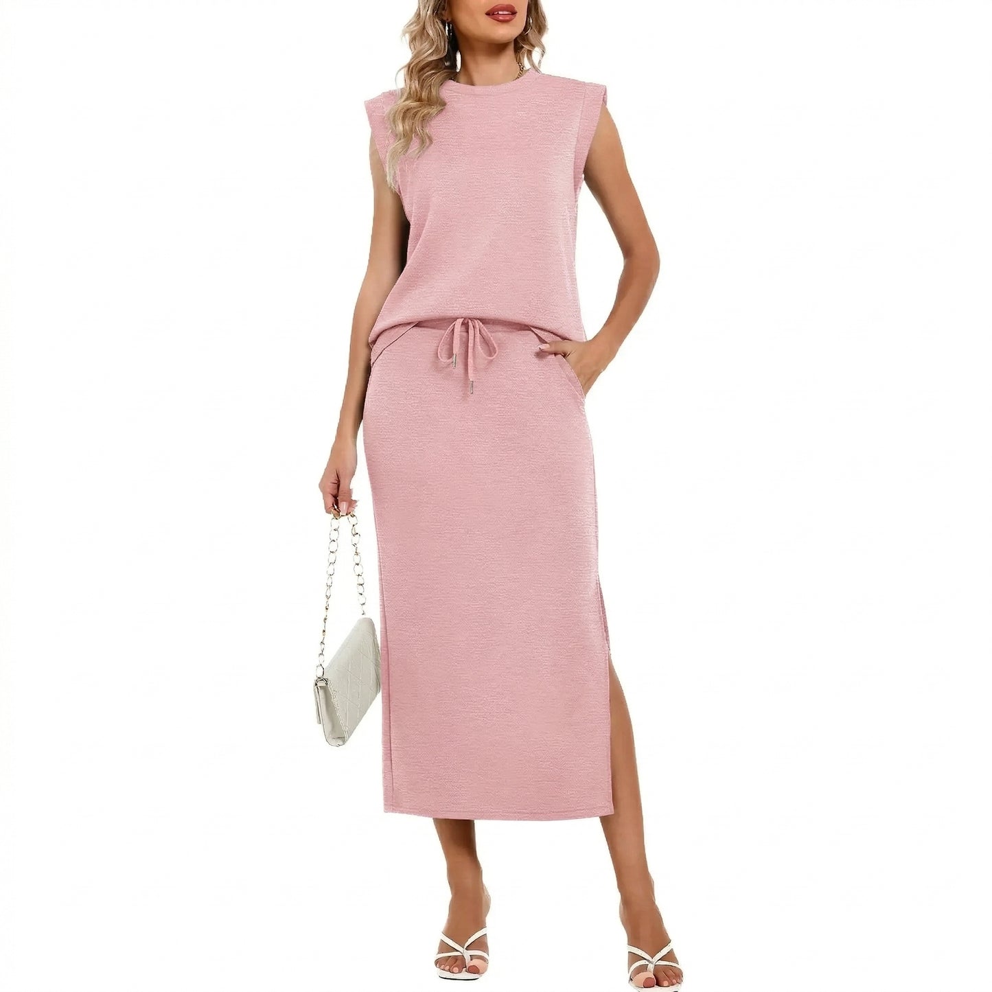 ⏰Hot Sale-2026 Women's Cap Sleeve Top Drawstring Midi Skirts with Pockets Two Piece Sets