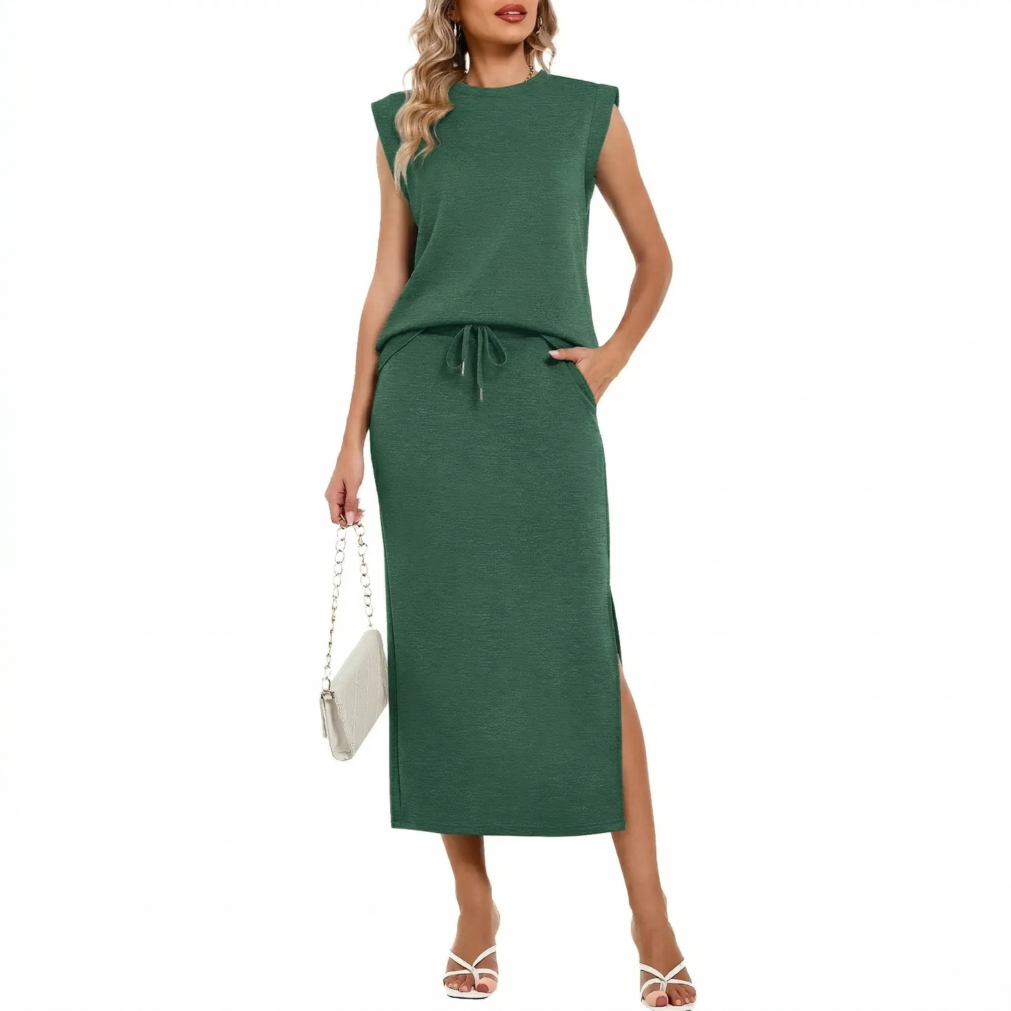 ⏰Hot Sale-2026 Women's Cap Sleeve Top Drawstring Midi Skirts with Pockets Two Piece Sets