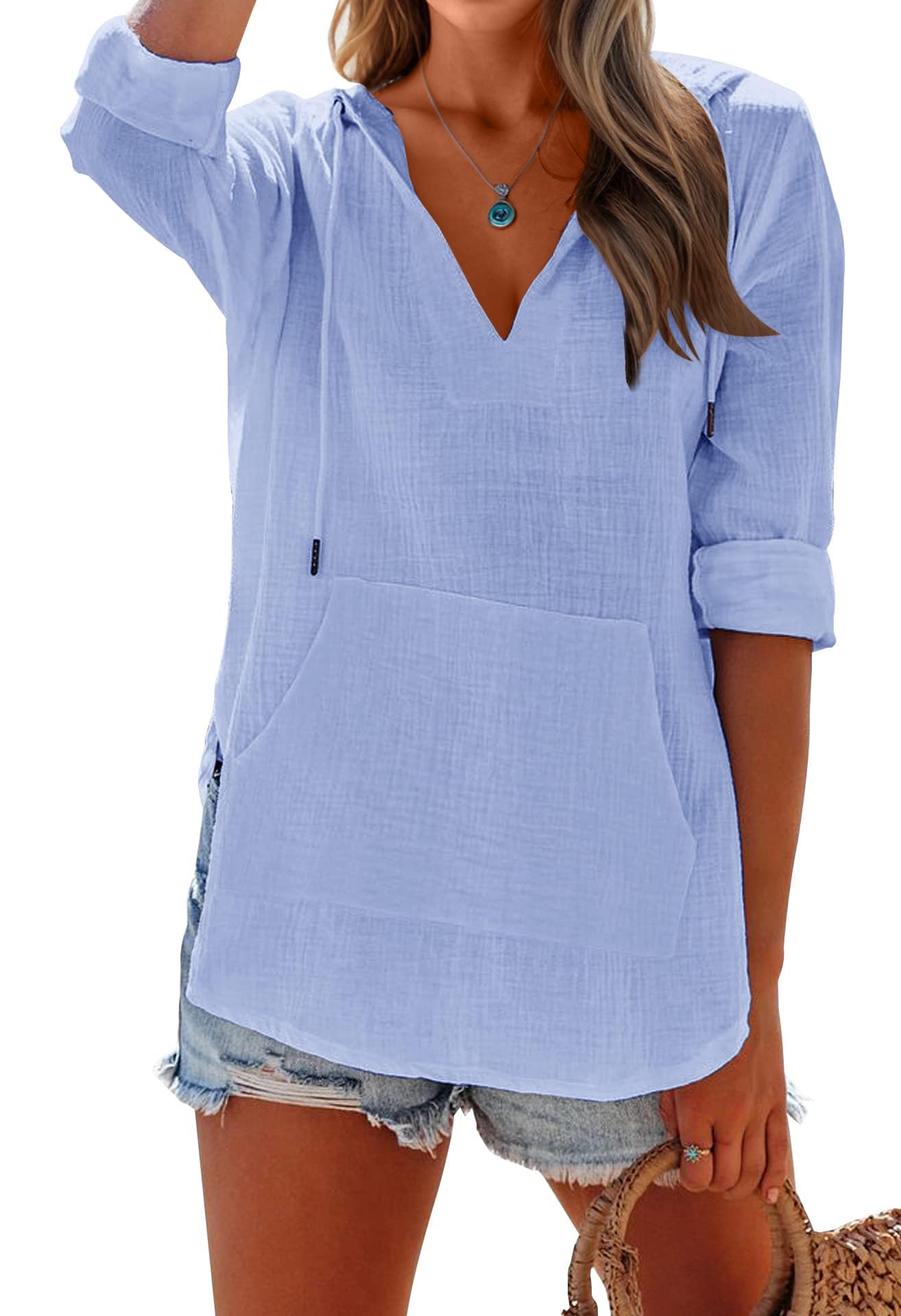 ✨Women's Long Sleeve V Neck Pocketed Hooded Shirt Top