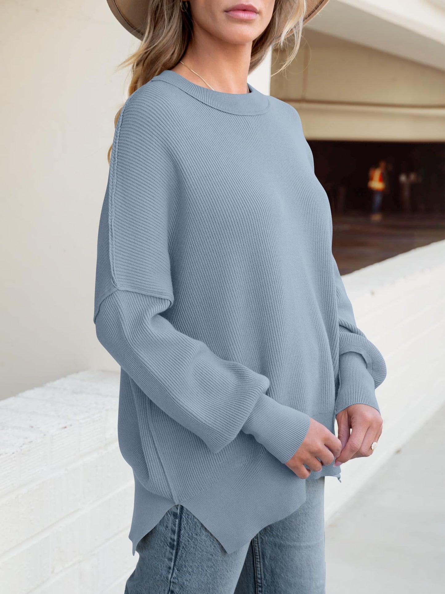 Women Oversized Side Slit Ribbed Knit Pullover Sweaters Top