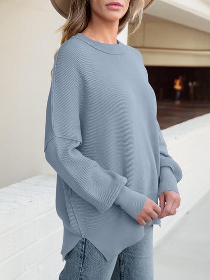 Women Oversized Side Slit Ribbed Knit Pullover Sweaters Top
