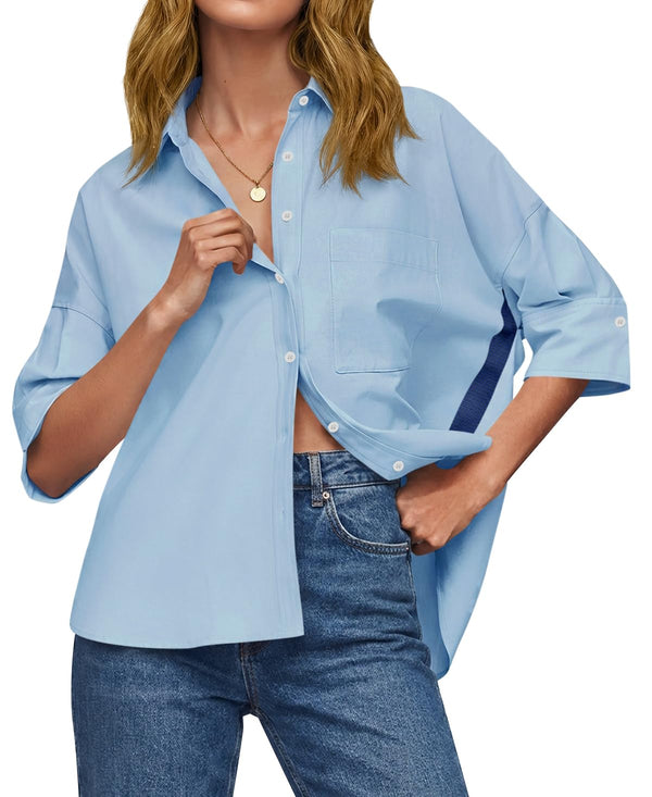 Womens Oversized Button Down Shirts Half Sleeve V Neck Blouses