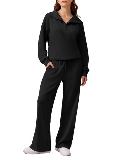 ⏰Hot Sale-Women Oversized Half‑Zip Pullover & Elastic Drawstring Wide Leg Sweatpants 2‑Piece Outfit