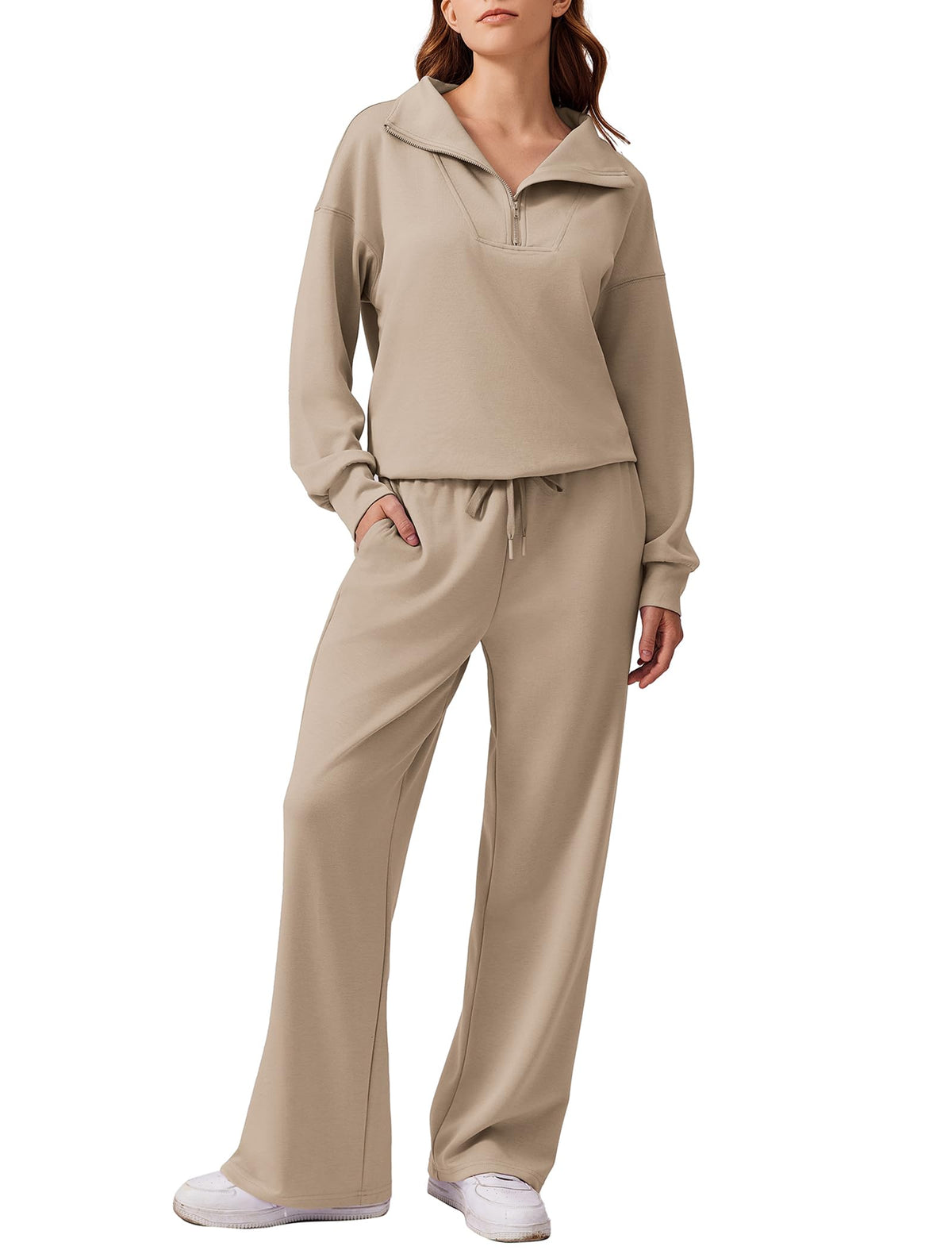 ⏰Hot Sale-Women Oversized Half‑Zip Pullover & Elastic Drawstring Wide Leg Sweatpants 2‑Piece Outfit