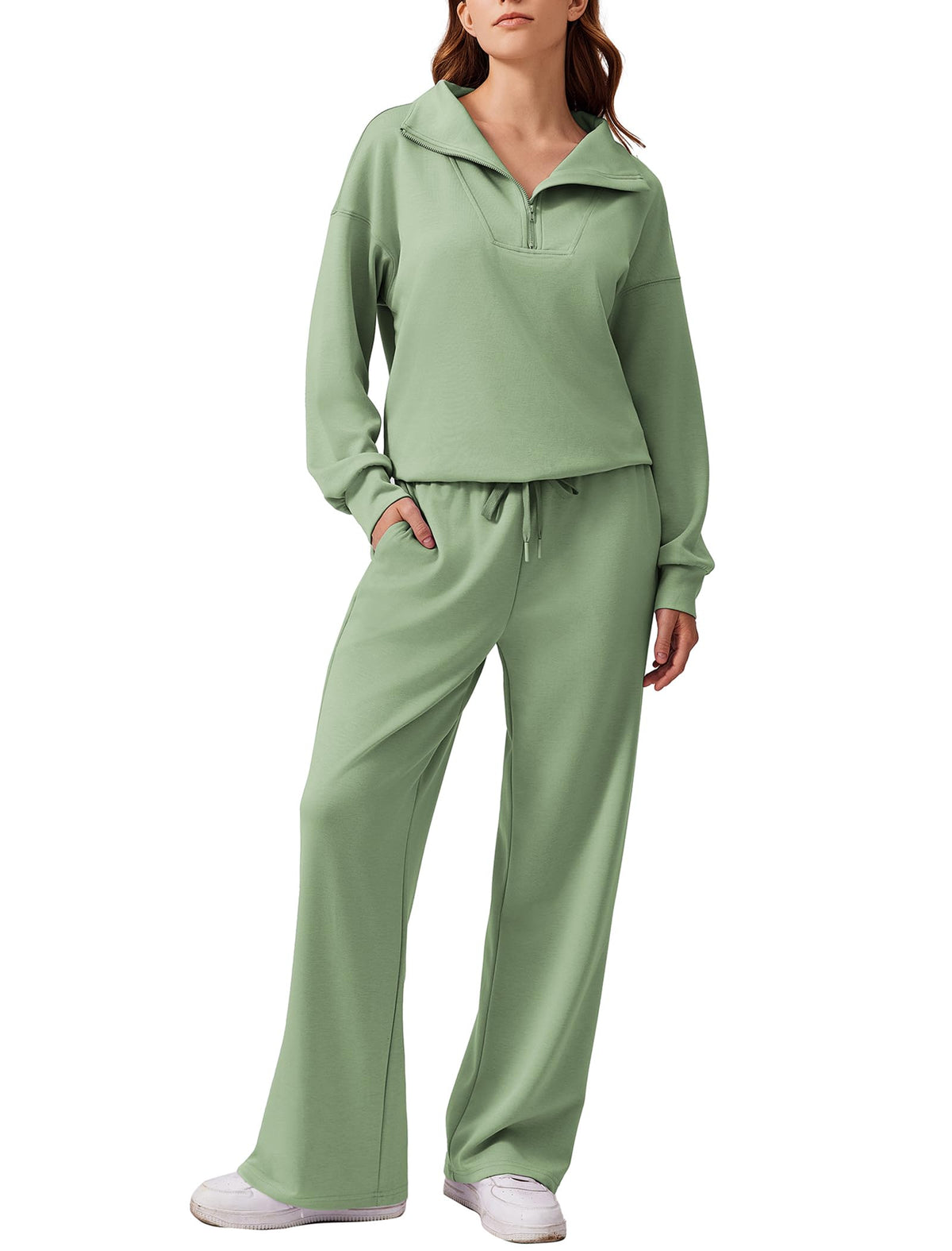 ⏰Hot Sale-Women Oversized Half‑Zip Pullover & Elastic Drawstring Wide Leg Sweatpants 2‑Piece Outfit