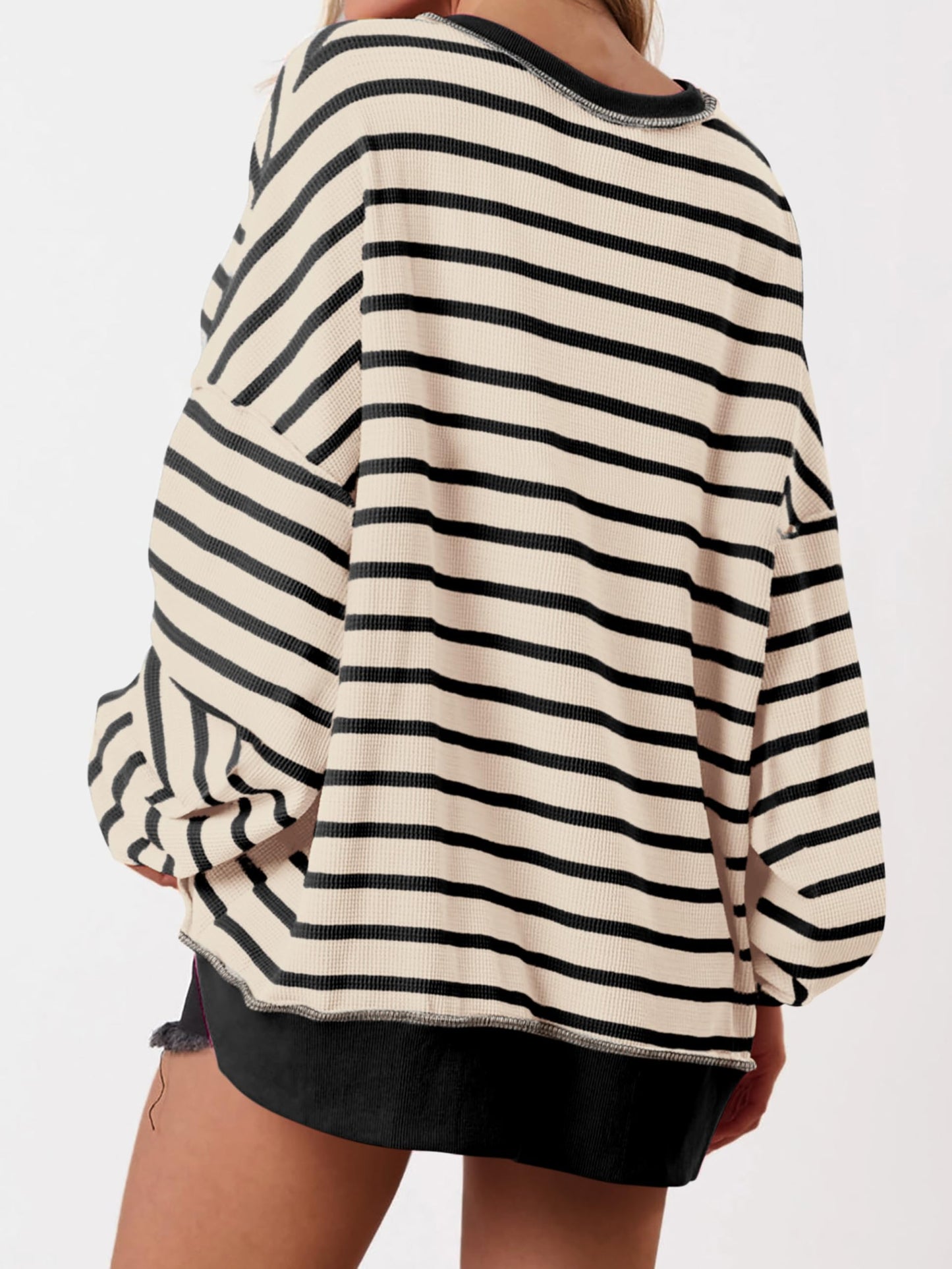 ✨Women's Striped Oversized Button Up Henley Neck Waffle Knit Pullover