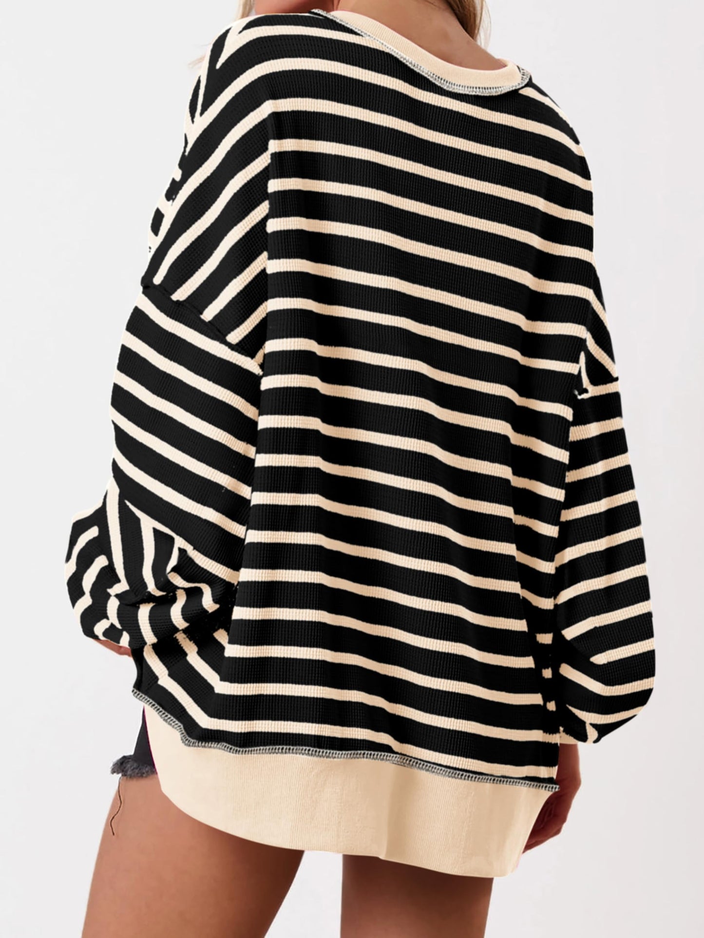 ✨Women's Striped Oversized Button Up Henley Neck Waffle Knit Pullover