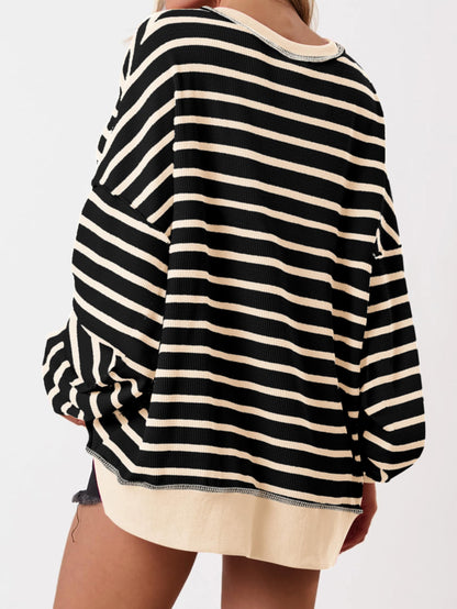 ✨Women's Striped Oversized Button Up Henley Neck Waffle Knit Pullover