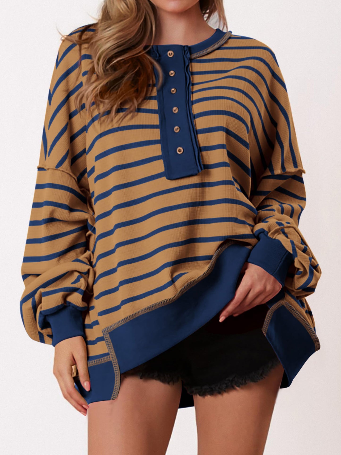 ✨Women's Striped Oversized Button Up Henley Neck Waffle Knit Pullover