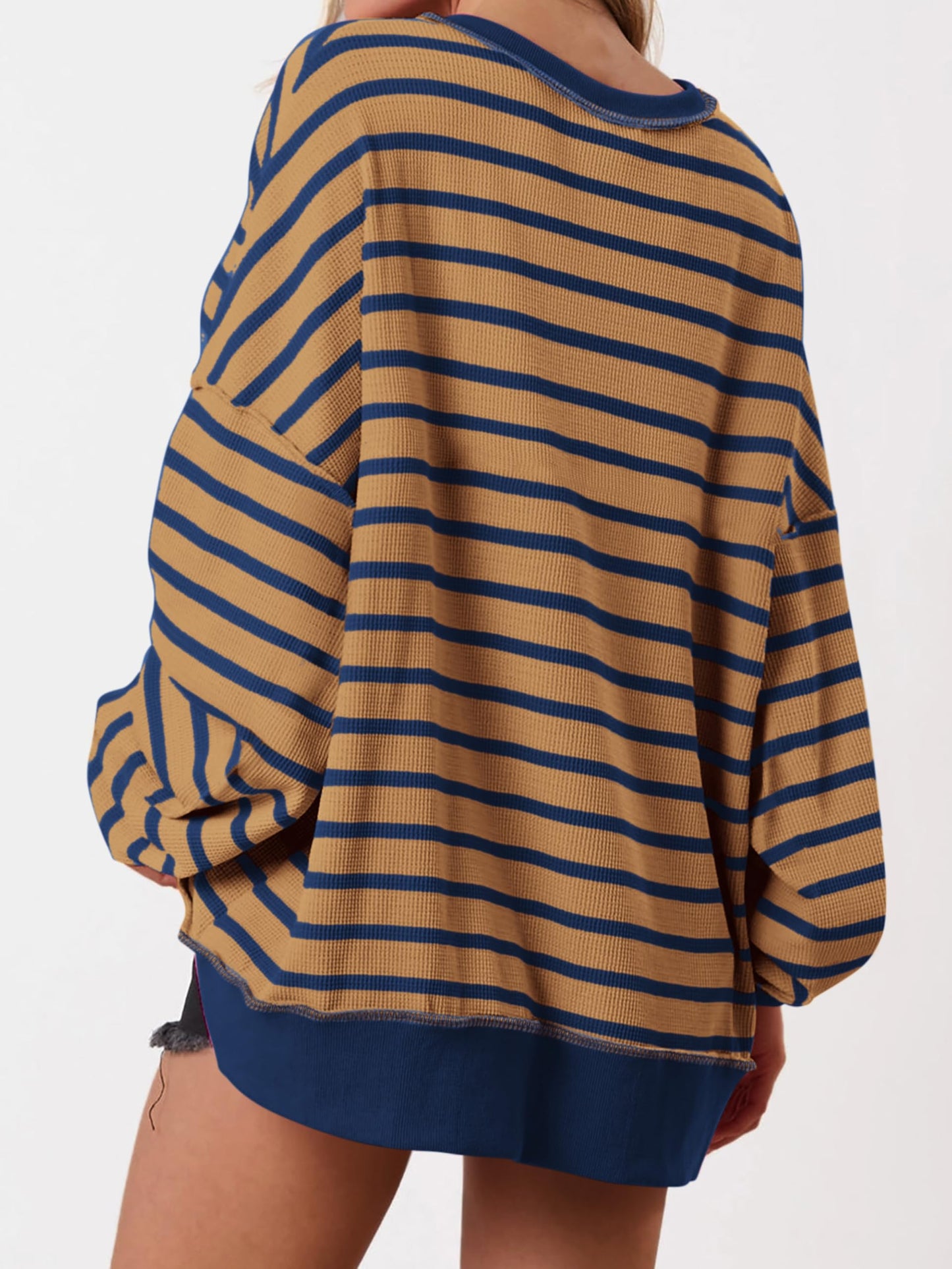 ✨Women's Striped Oversized Button Up Henley Neck Waffle Knit Pullover
