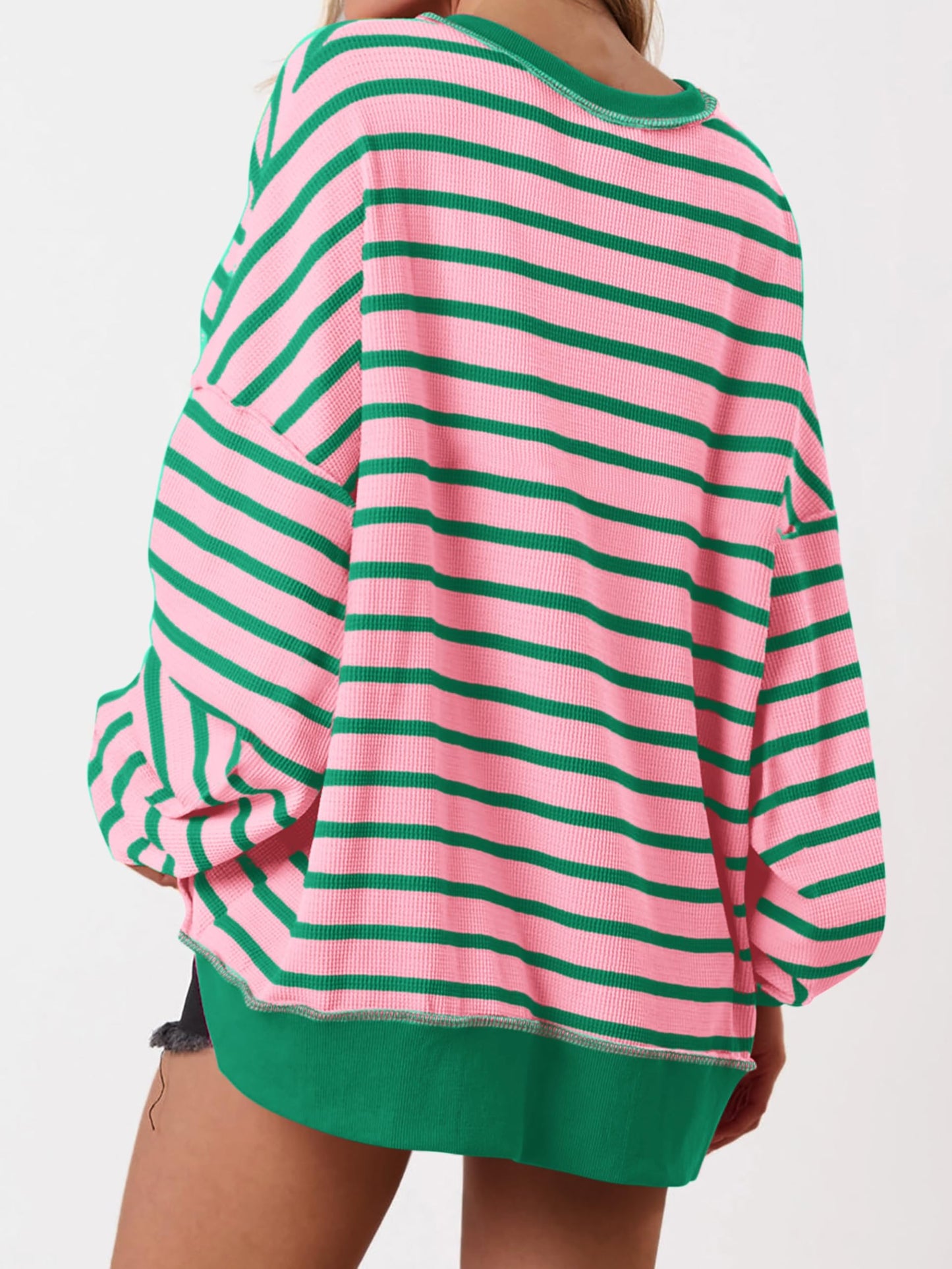 ✨Women's Striped Oversized Button Up Henley Neck Waffle Knit Pullover
