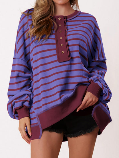✨Women's Striped Oversized Button Up Henley Neck Waffle Knit Pullover