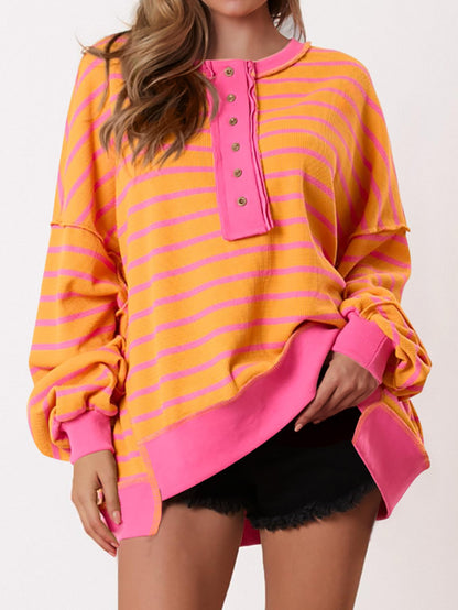 ✨Women's Striped Oversized Button Up Henley Neck Waffle Knit Pullover