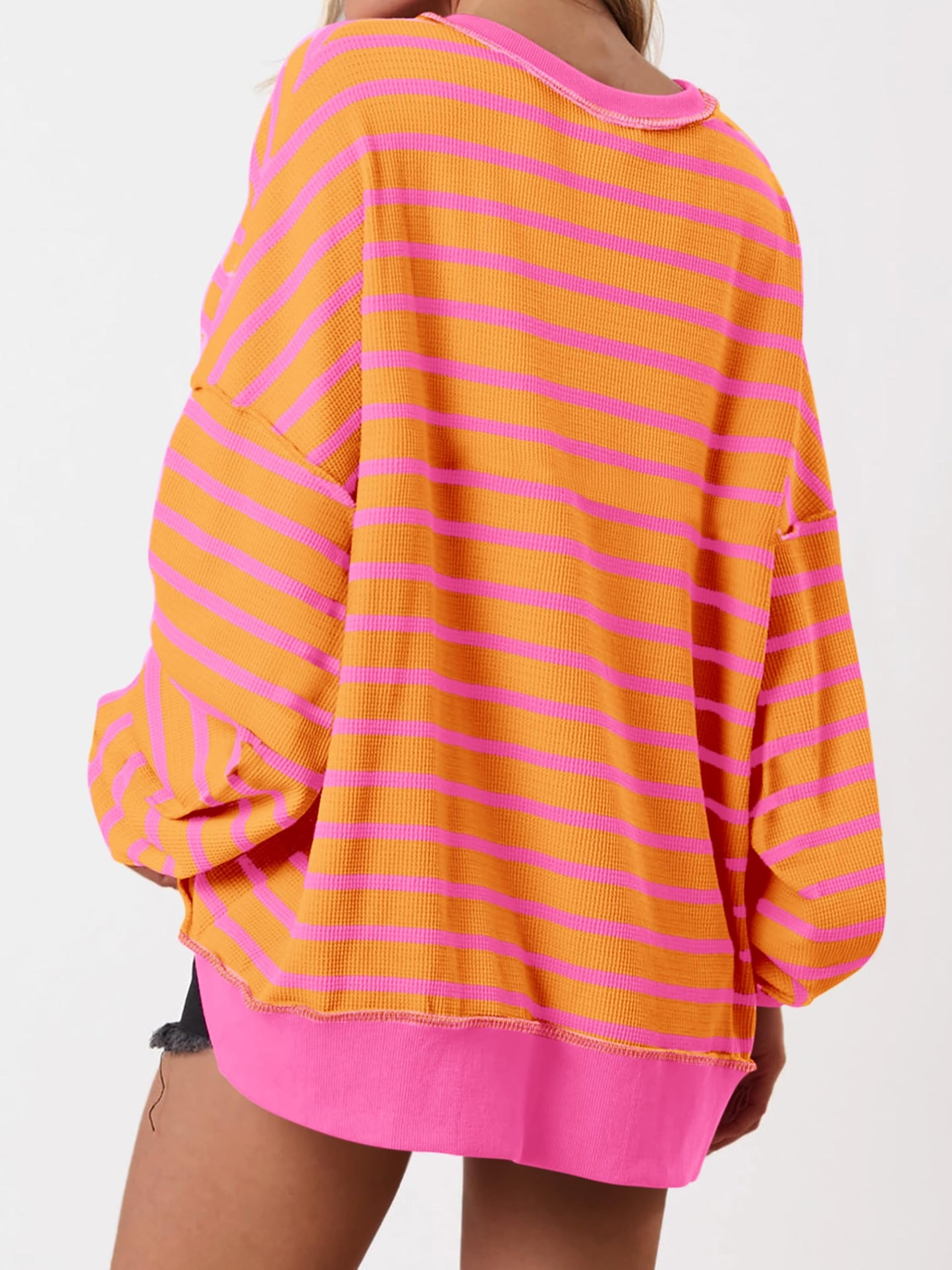 ✨Women's Striped Oversized Button Up Henley Neck Waffle Knit Pullover