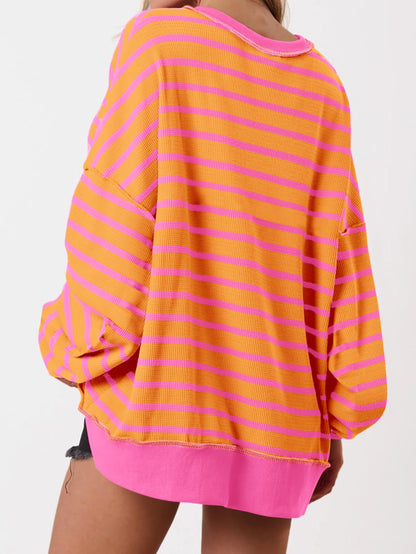 ✨Women's Striped Oversized Button Up Henley Neck Waffle Knit Pullover