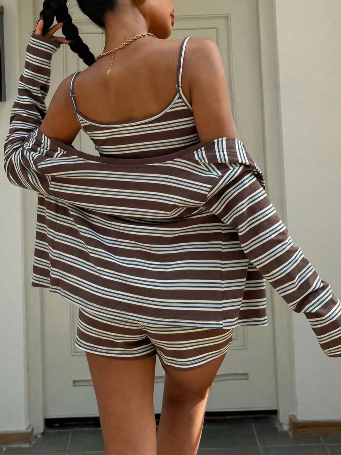 ⏰Hot Sale-Women's Striped Knit Casual Striped Tank Top Jacket Shorts Set