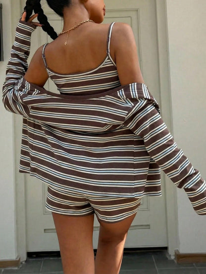 ⏰Hot Sale-Women's Striped Knit Casual Striped Tank Top Jacket Shorts Set