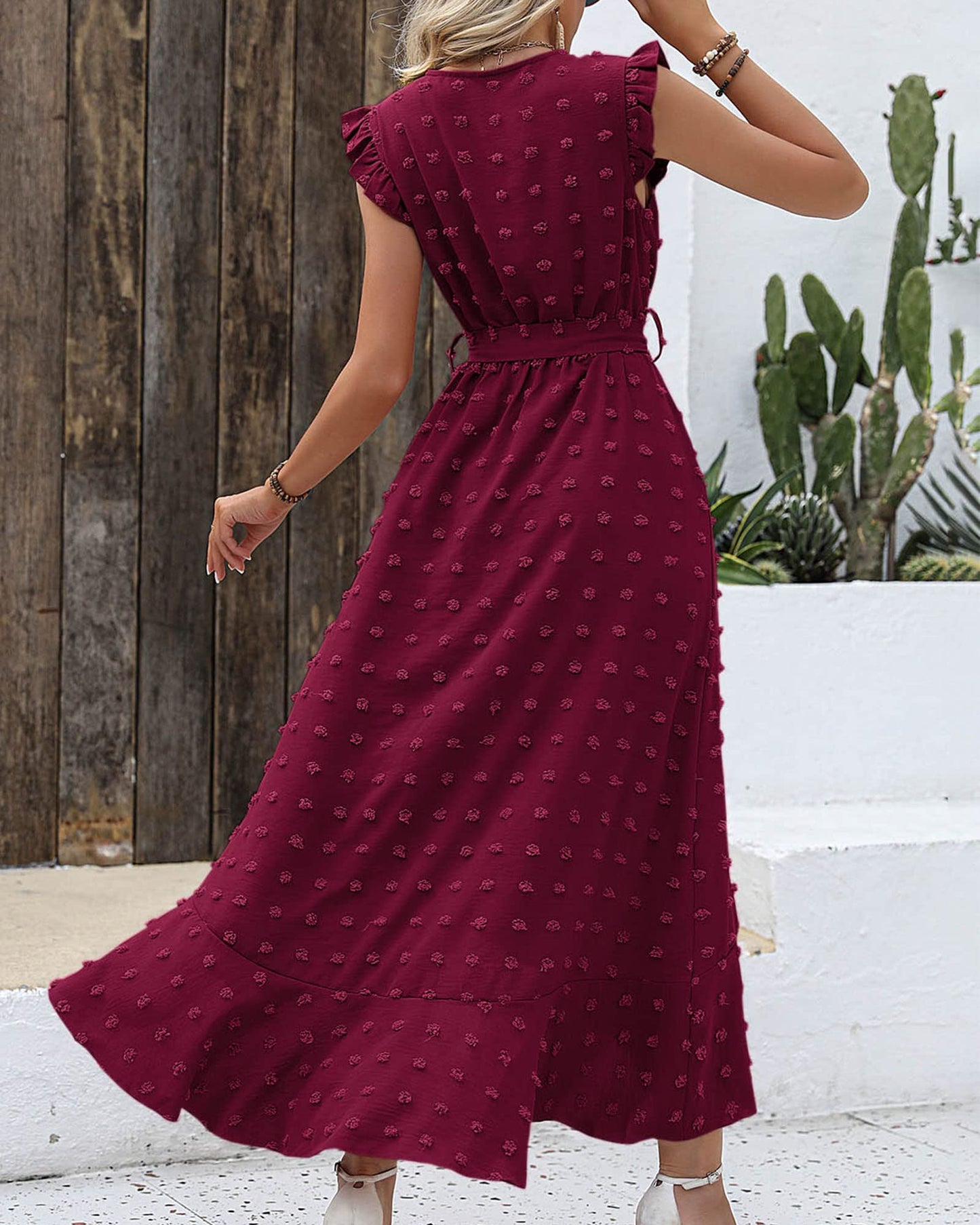 ✨Women's V Neck Cap Sleeve Swiss Dot Boho Flowy Ruffle Slit Long Maxi Dresses