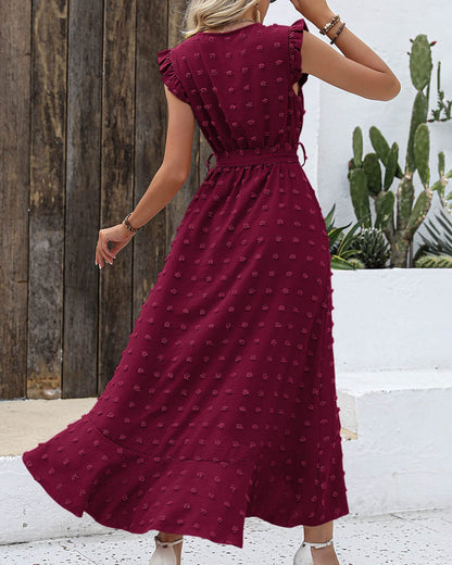 ✨Women's V Neck Cap Sleeve Swiss Dot Boho Flowy Ruffle Slit Long Maxi Dresses