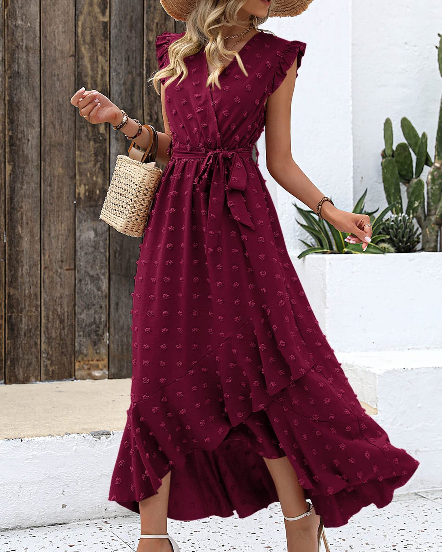 ✨Women's V Neck Cap Sleeve Swiss Dot Boho Flowy Ruffle Slit Long Maxi Dresses
