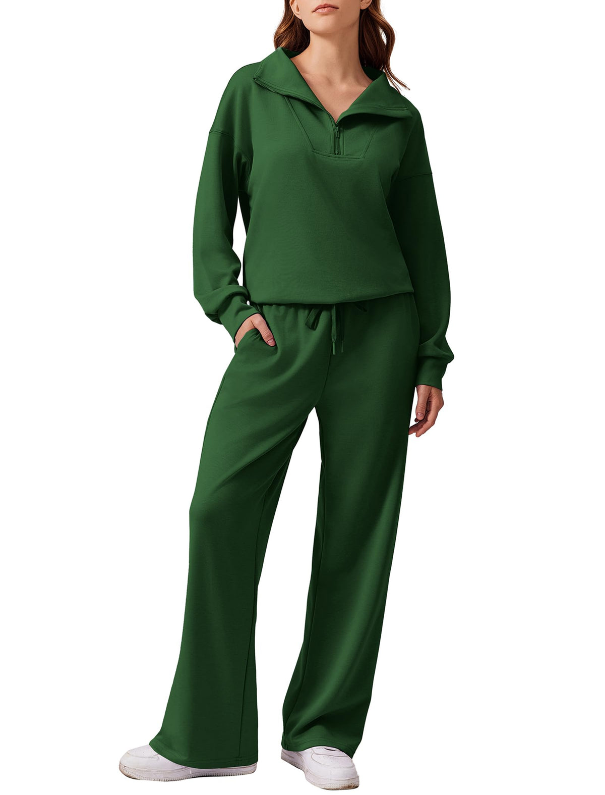 ⏰Hot Sale-Women Oversized Half‑Zip Pullover & Elastic Drawstring Wide Leg Sweatpants 2‑Piece Outfit