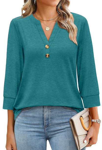 ✨Womens 3/4 Sleeve Heley Button V neck Tops