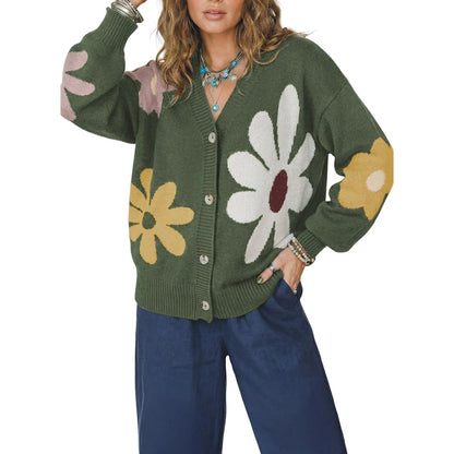 V-Neck Floral Pattern Button Knit Cardigan