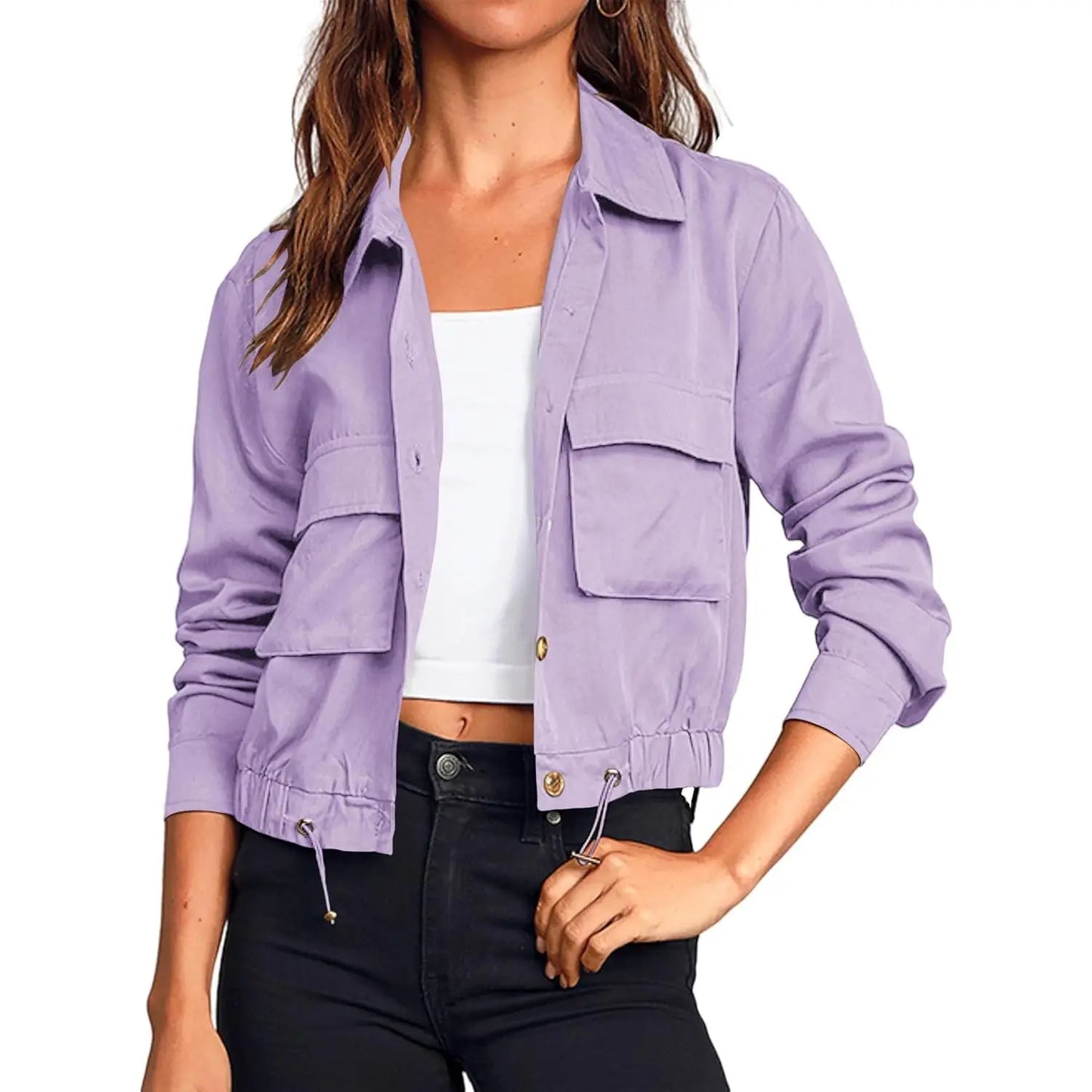 Women Lapel Collar Button Down Pocket Drawstring Hem Cargo Windbreaker Jacket