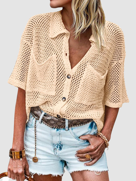 Womens Short Sleeve Crochet Lightweight Cardigan Sweaters Cover Up Shirts