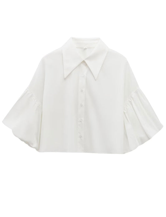 ✨Womens Cute Lantern Sleeve Collar Button Down Crop Tops