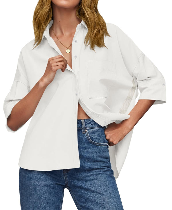 Womens Oversized Button Down Shirts Half Sleeve V Neck Blouses