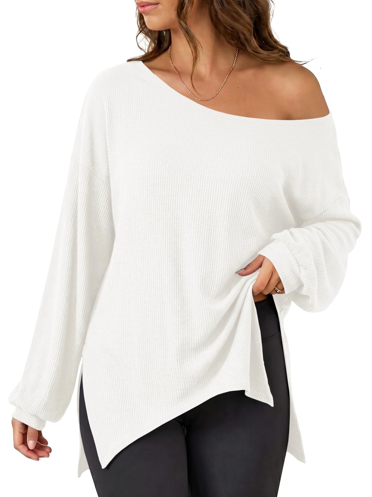 Womens Oversized Off The Shoulder Ribbed Knit Sweatshirts