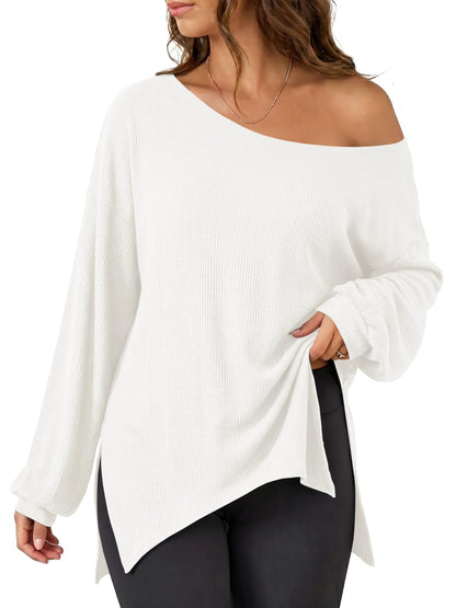Womens Oversized Off The Shoulder Ribbed Knit Sweatshirts