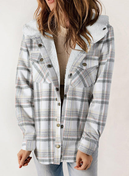 Women's Thickened Flannel Long Sleeve Plaid Jacket Coat with Hood(Buy 2 Free Shipping)