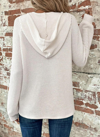 Women's Waffle Knit Drawstring Button V Neck Hooded Sweatshirt(buy 2 free shipping)