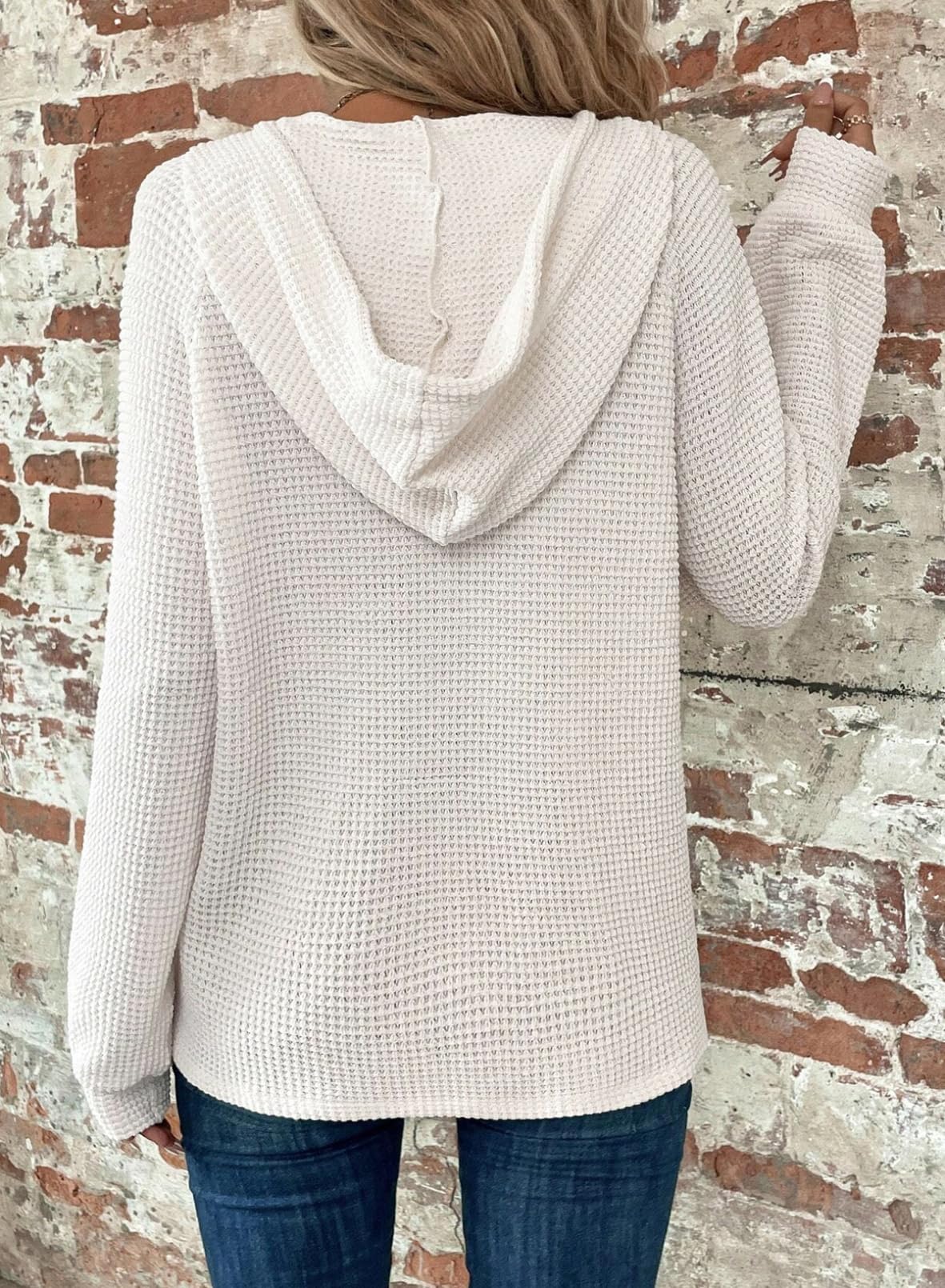 Limited time sale 🔥Women's Waffle Knit Drawstring Button V Neck Hooded Sweatshirt