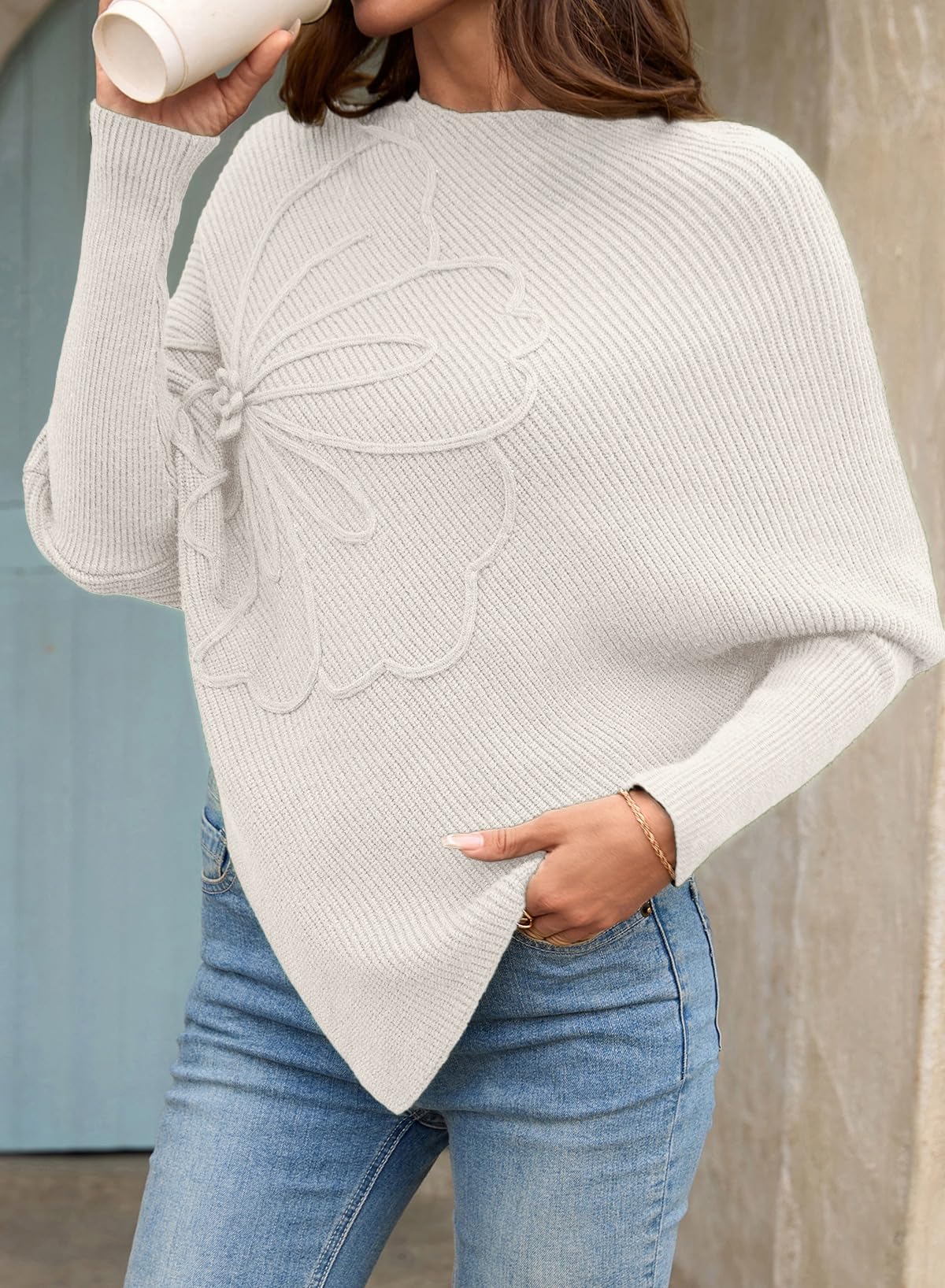 Women's Crew Neck Elegant Floral Pattern Batwing Sleeve Sweaters