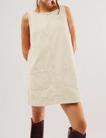 ⏰Hot Sale-Women's Round Neck Corduroy Overall Dress